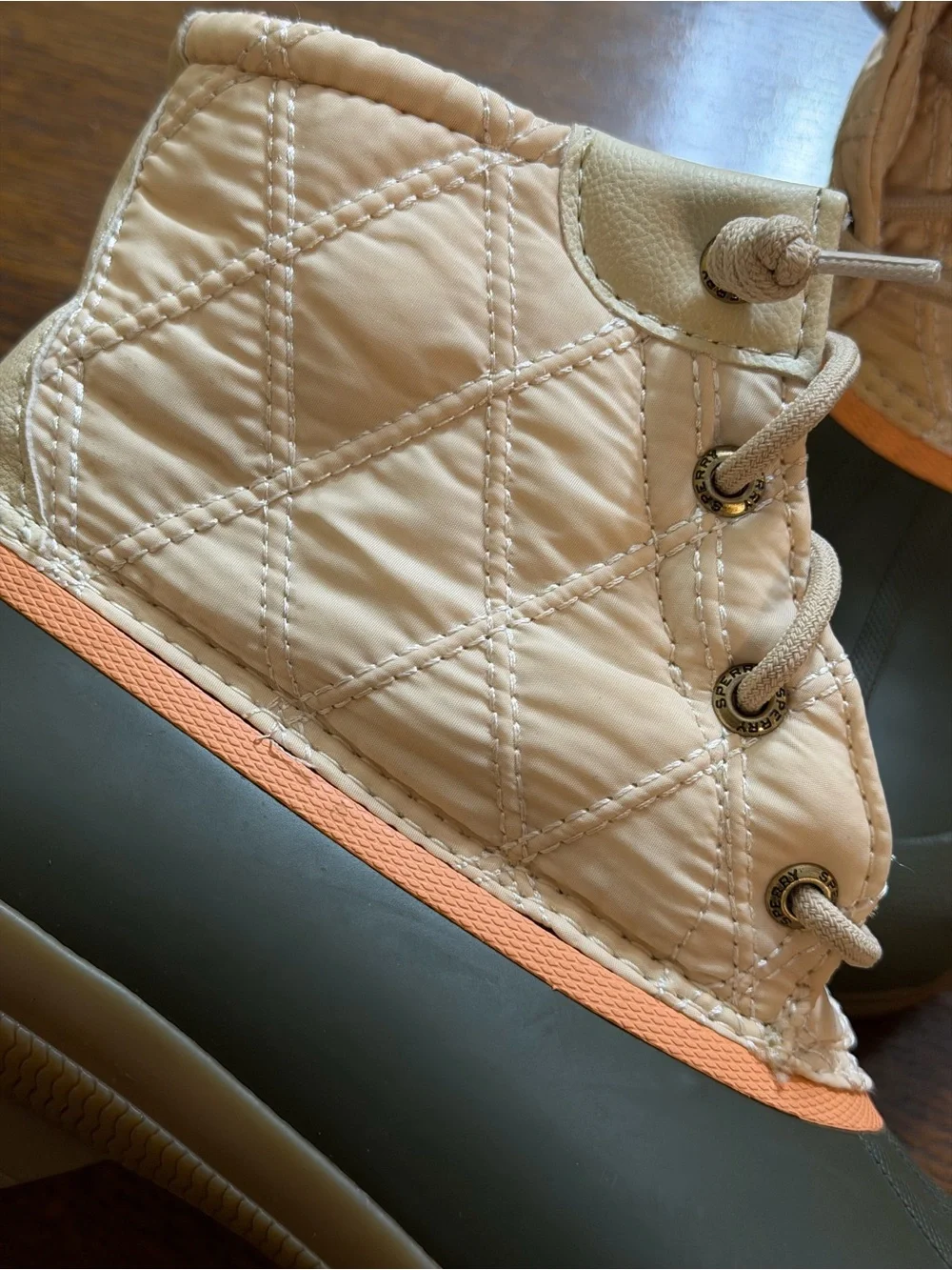 Sperry Olive & Tan Quilted Duck Boots with Coral Accents - Picture 5 of 9
